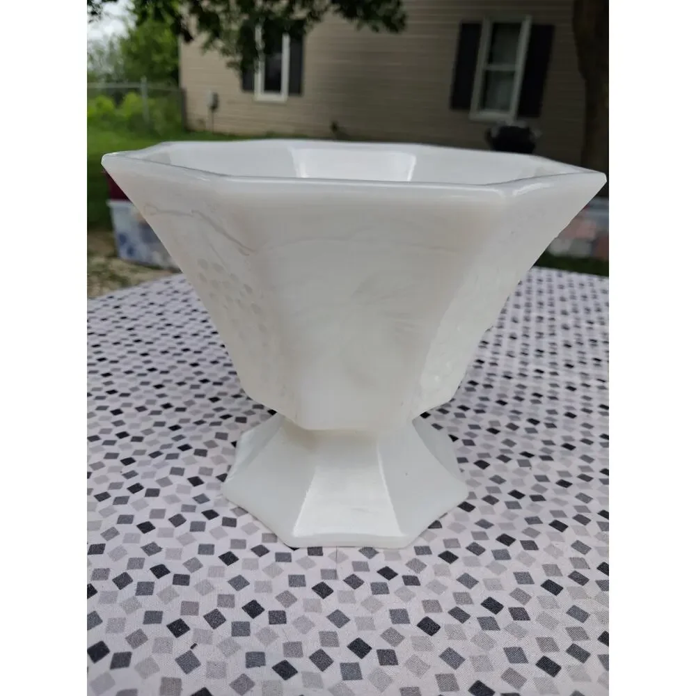 Milk Glass 8 Sided Dish Grape & Leaf Pattern 5